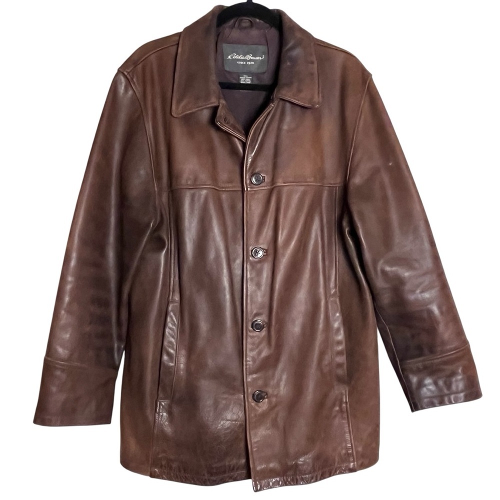 Vintage 90’s Eddie Bauer Men's Brown Oversized Leather Distressed Jacket — M - Picture 1 of 14